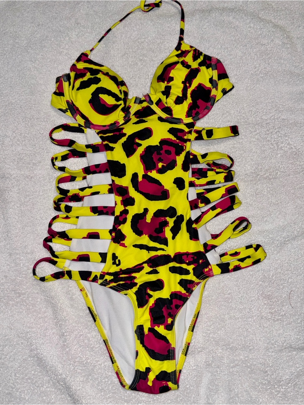 (NWOT) SHEIN Yellow & Pink Leopard Print Cutout One-Piece Swimsuit